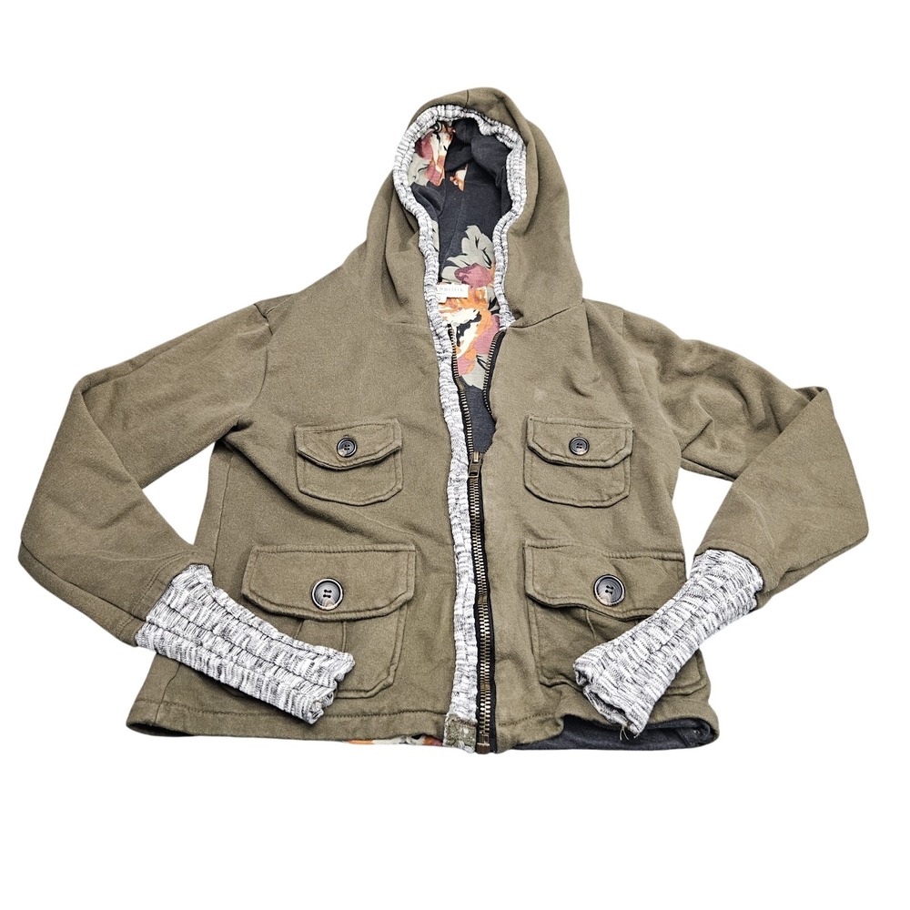 Scrapbook Utility Jacket Hoodie Womens Small Olive Green Floral Boho‎ Casual